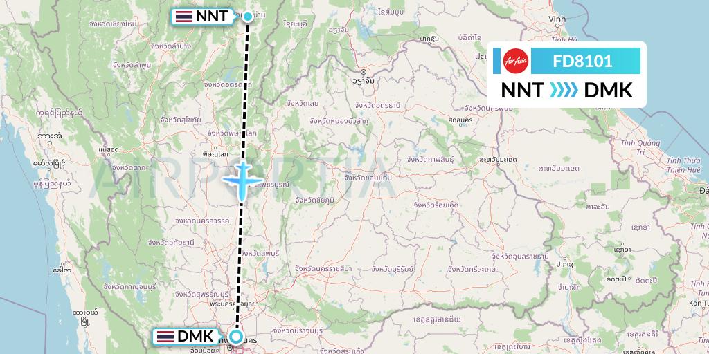 FD8101 Thai AirAsia Flight Map: Nan to Bangkok