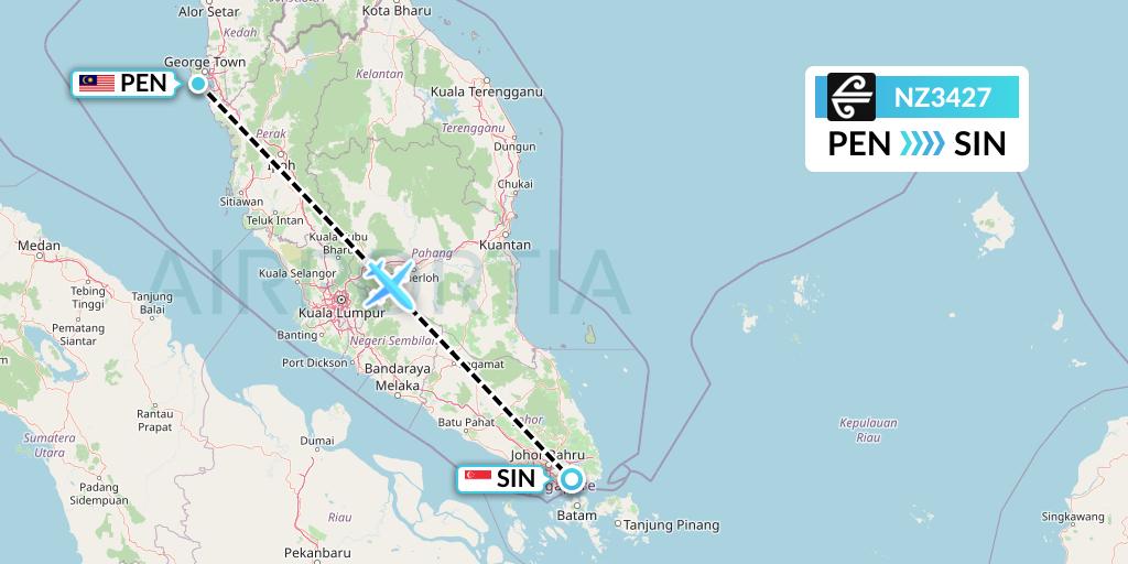 NZ3427 Air New Zealand Flight Map: Penang to Singapore