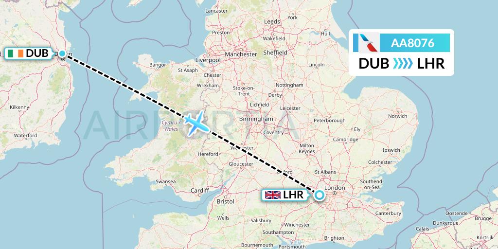 AA8076 American Airlines Flight Map: Dublin to London