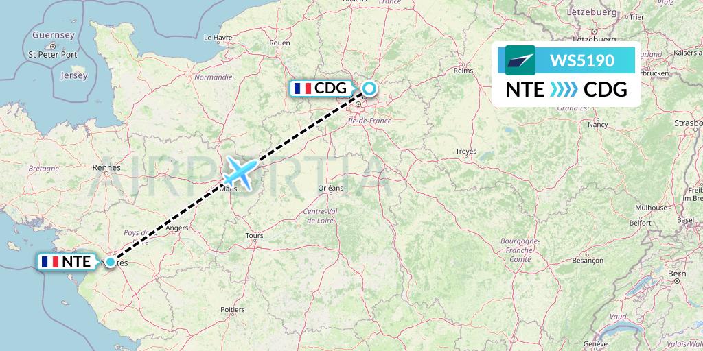 WS5190 WestJet Flight Map: Nantes to Paris