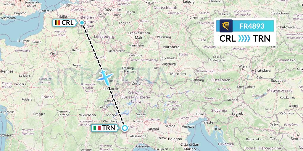 FR4893 Ryanair Flight Map: Brussels to Turin