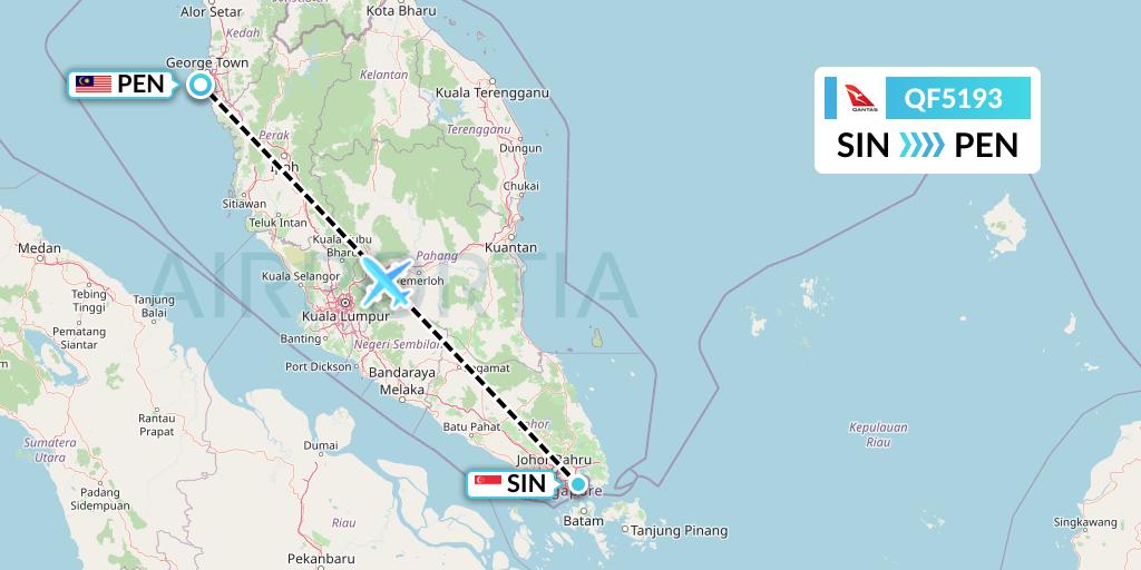 QF5193 Qantas Flight Map: Singapore to Penang
