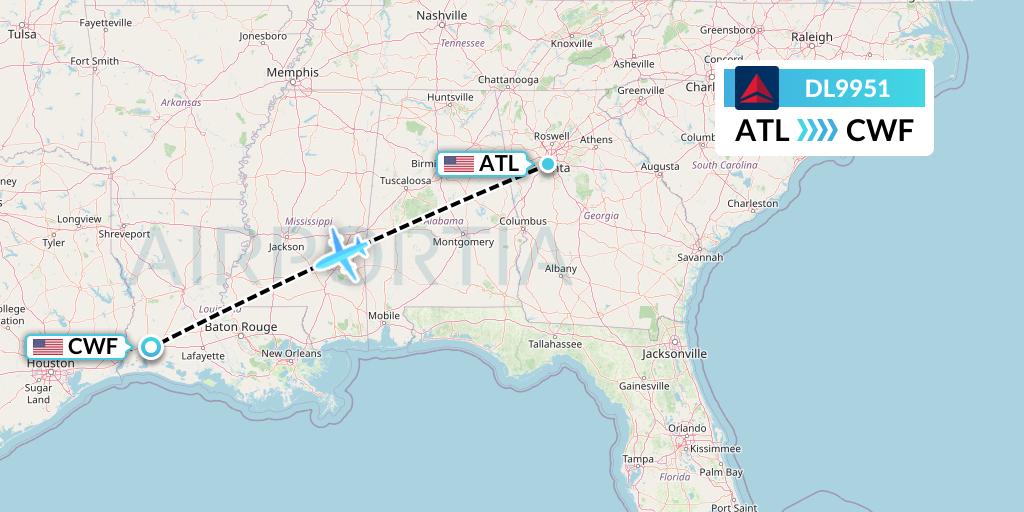 DL9951 Delta Air Lines Flight Map: Atlanta to Lake Charles