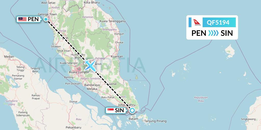 QF5194 Qantas Flight Map: Penang to Singapore