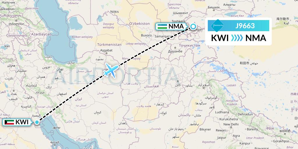 J9663 Jazeera Airways Flight Map: Kuwait City to Namangan