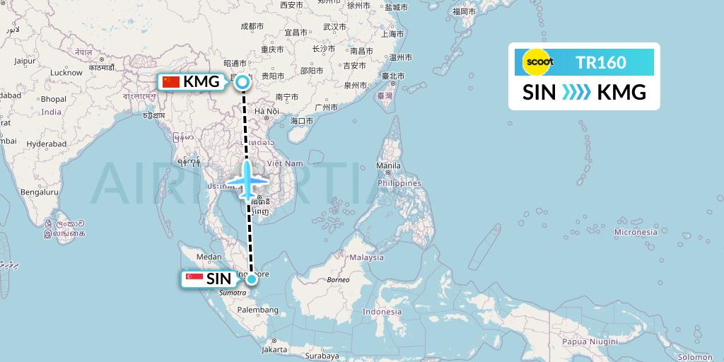 TR160 Tigerair Flight Map: Singapore to Kunming