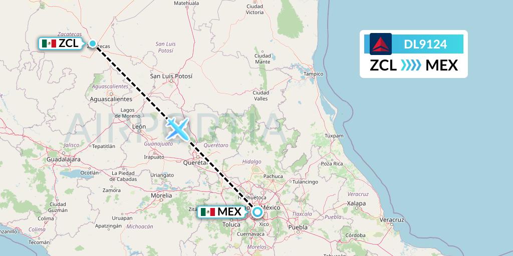 DL9124 Delta Air Lines Flight Map: Zacatecas to Mexico City