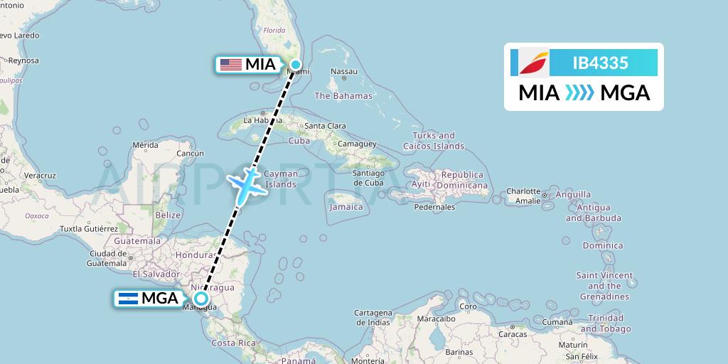IB4335 Iberia Flight Map: Miami to Managua