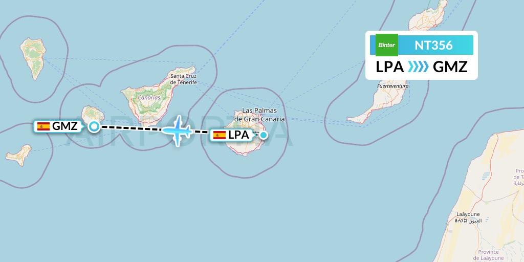 NT356 Binter Canarias Flight Map: Las Palmas to La Gomera