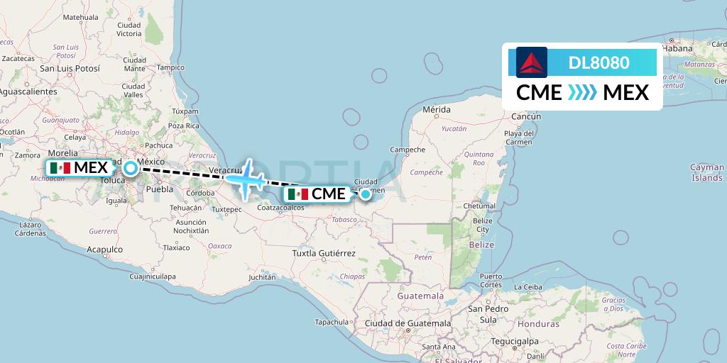 DL8080 Delta Air Lines Flight Map: Ciudad del Carmen to Mexico City