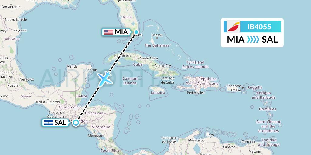 IB4055 Iberia Flight Map: Miami to San Salvador