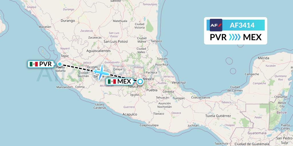 AF3414 Air France Flight Map: Puerto Vallarta to Mexico City