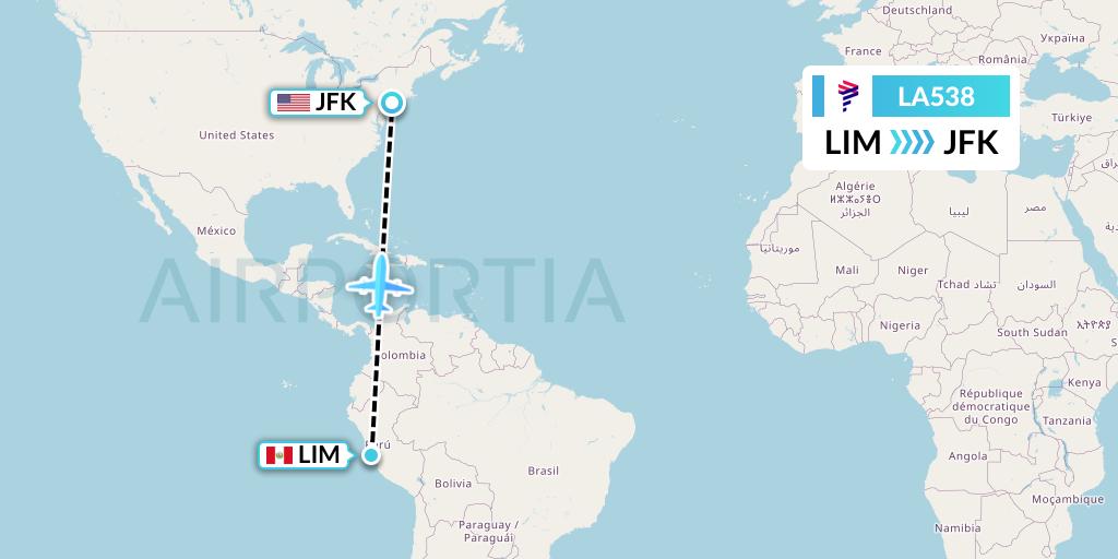 LA538 LAN Airlines Flight Map: Lima to New York