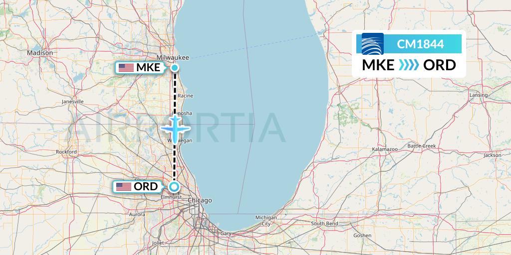CM1844 Copa Airlines Flight Map: Milwaukee to Chicago