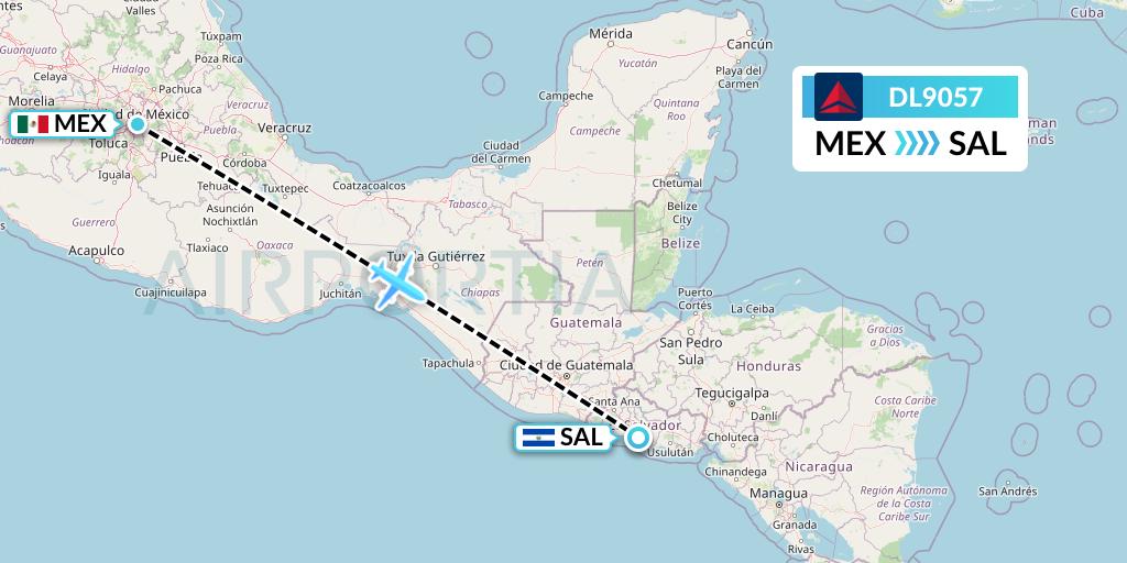 DL9057 Delta Air Lines Flight Map: Mexico City to San Salvador