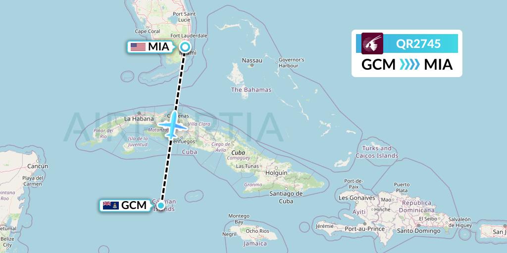 QR2745 Qatar Airways Flight Map: George Town to Miami
