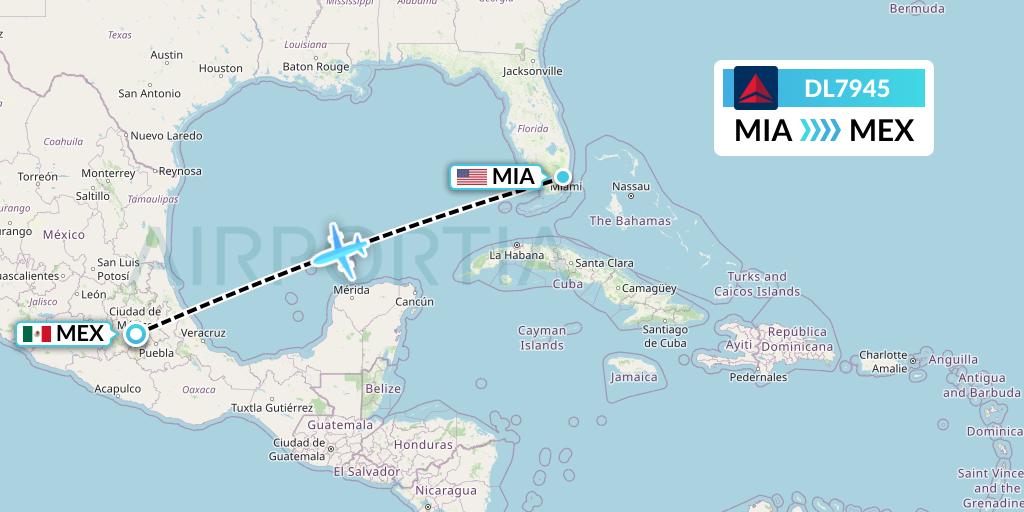 DL7945 Delta Air Lines Flight Map: Miami to Mexico City