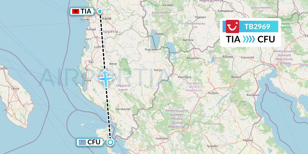 TB2969 TUI fly Belgium Flight Map: Tirana to Corfu