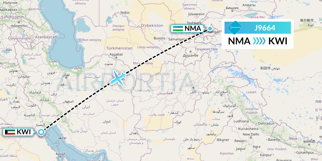 J9664 Jazeera Airways Flight Map: Namangan to Kuwait City