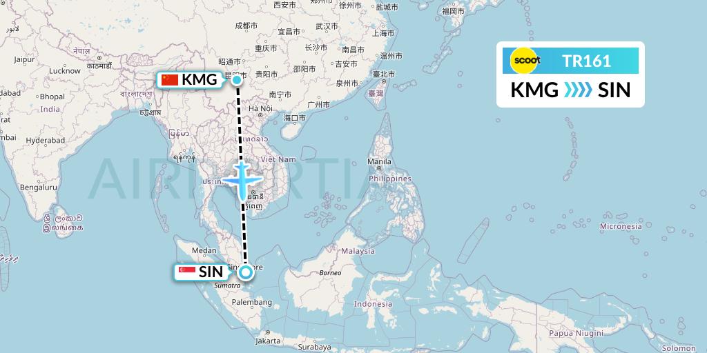 TR161 Tigerair Flight Map: Kunming to Singapore