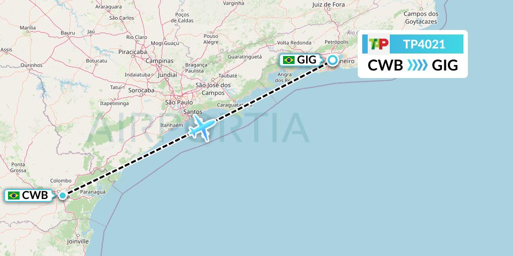 TP4021 TAP Portugal Flight Map: Curitiba to Rio de Janeiro
