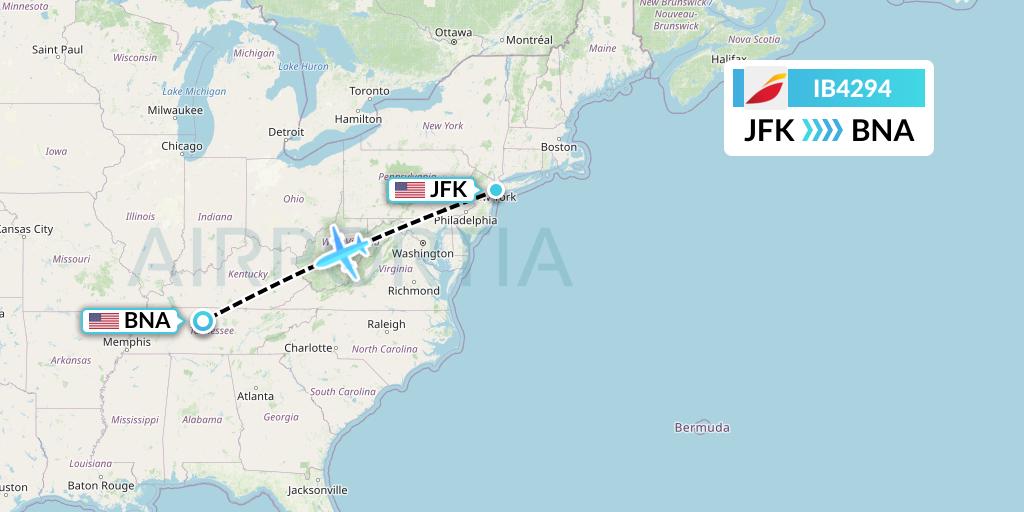 IB4294 Iberia Flight Map: New York to Nashville