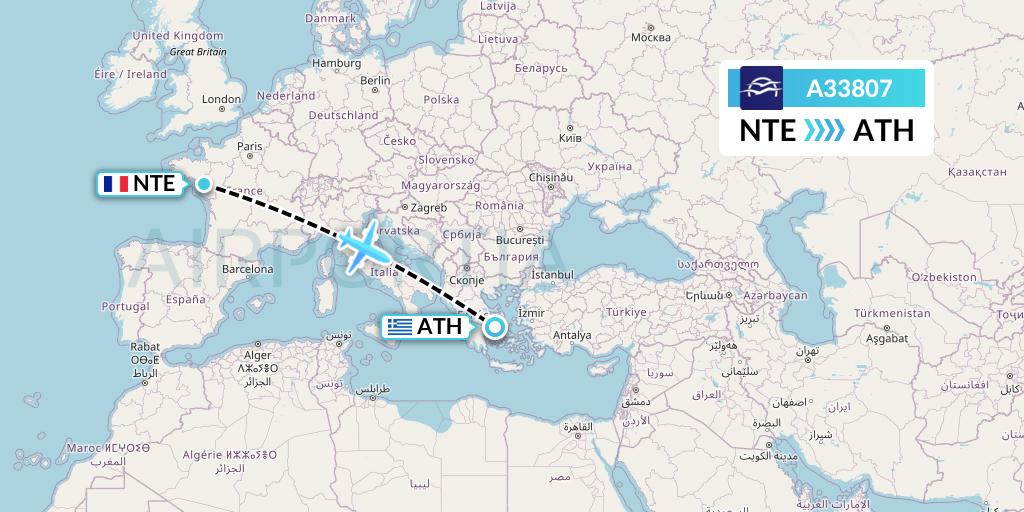 A33807 Aegean Airlines Flight Map: Nantes to Athens