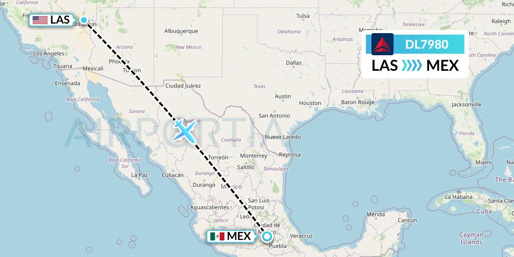 DL7980 Delta Air Lines Flight Map: Las Vegas to Mexico City