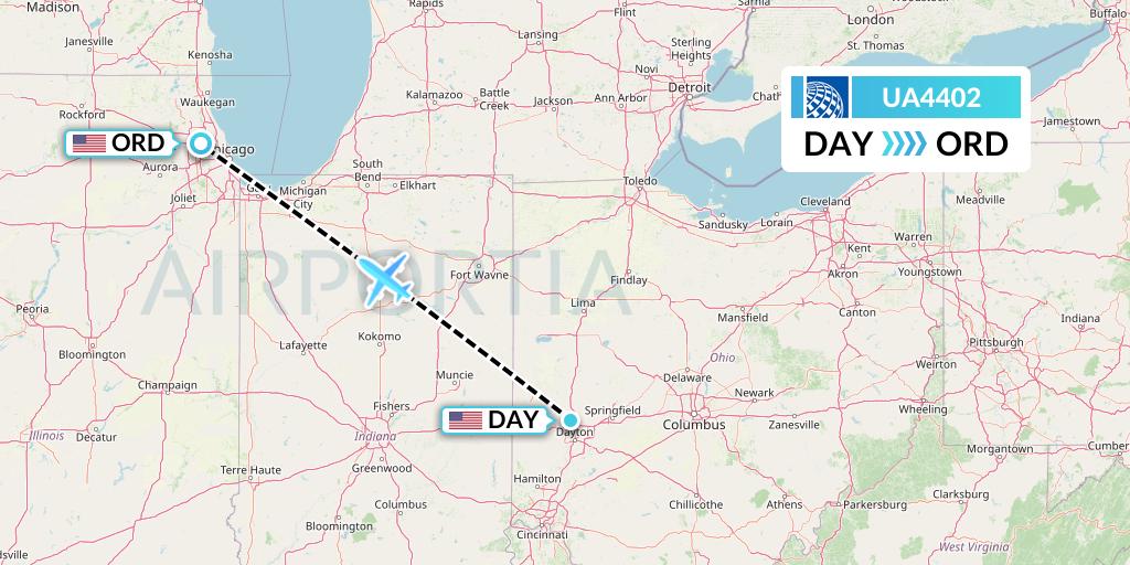 UA4402 United Airlines Flight Map: Dayton to Chicago