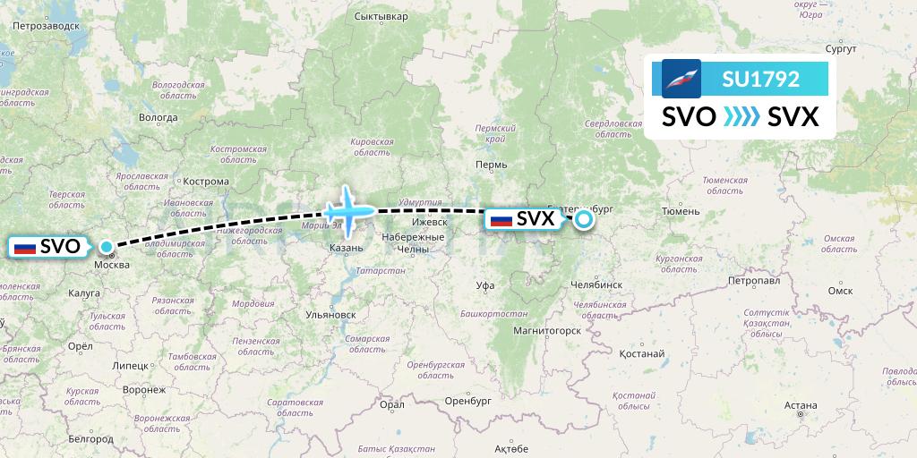 SU1792 Aeroflot Flight Map: Moscow to Yekaterinburg