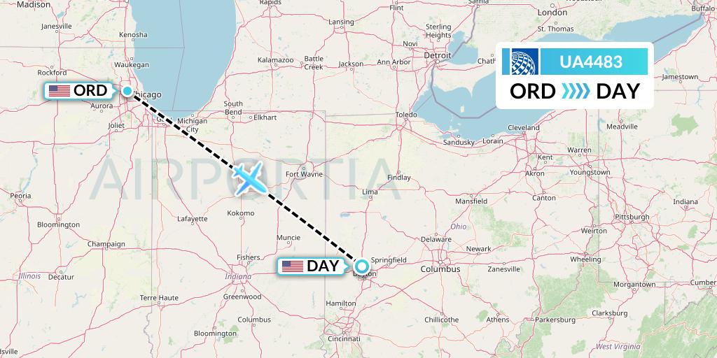 UA4483 United Airlines Flight Map: Chicago to Dayton