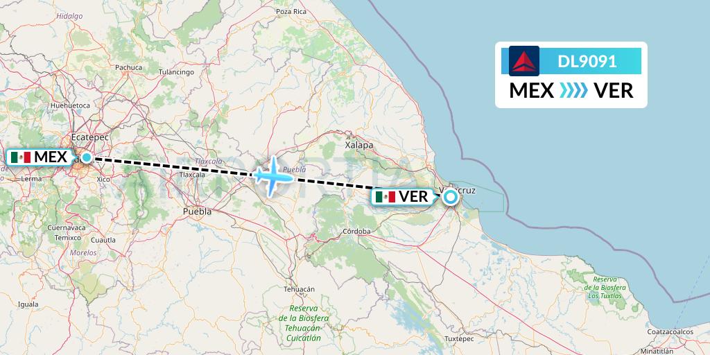 DL9091 Delta Air Lines Flight Map: Mexico City to Veracruz