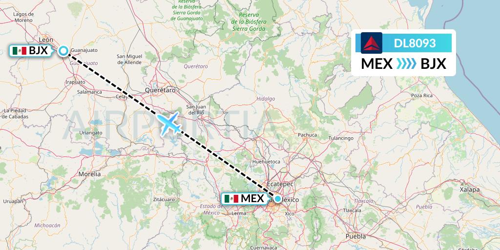 DL8093 Delta Air Lines Flight Map: Mexico City to Silao