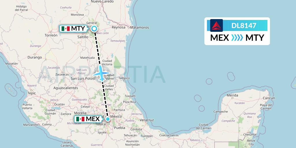 DL8147 Delta Air Lines Flight Map: Mexico City to Monterrey