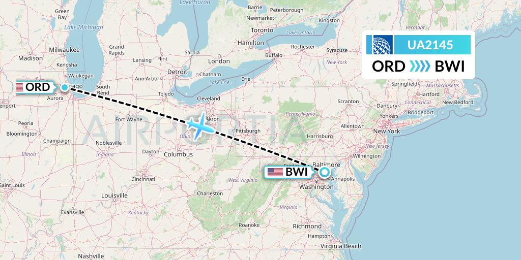 UA2145 United Airlines Flight Map: Chicago to Baltimore