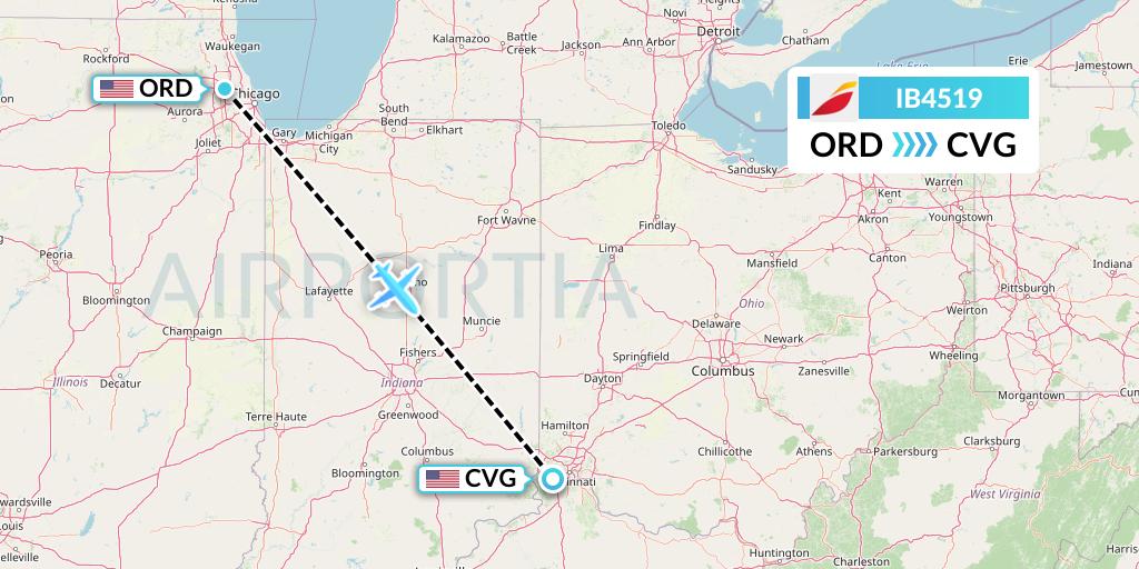 IB4519 Iberia Flight Map: Chicago to Cincinnati