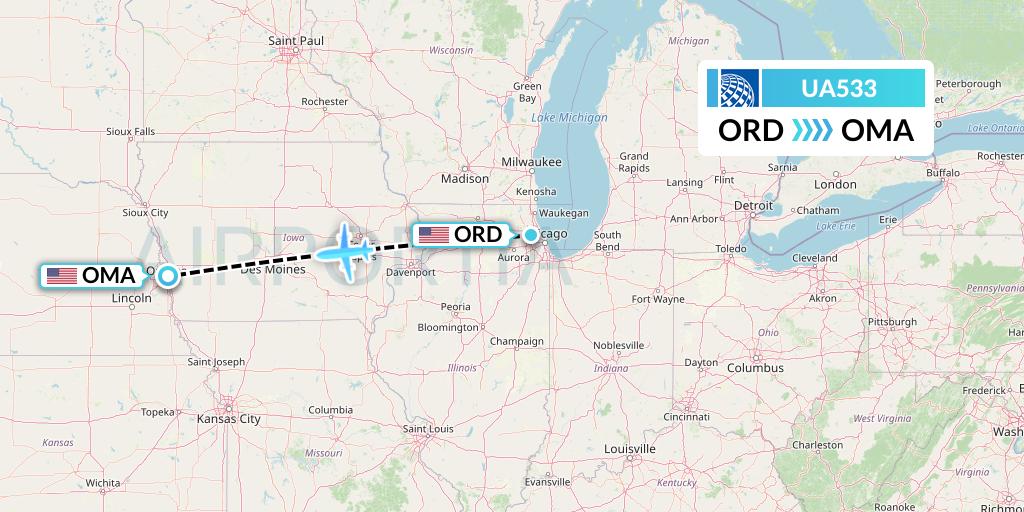 UA533 United Airlines Flight Map: Chicago to Omaha