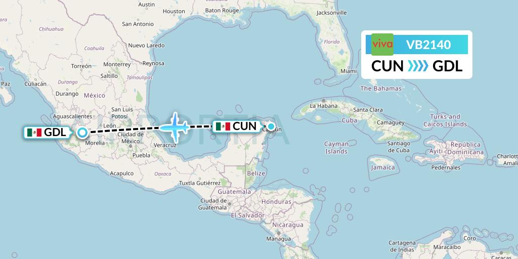 VB2140 VivaAerobus Flight Map: Cancun to Guadalajara