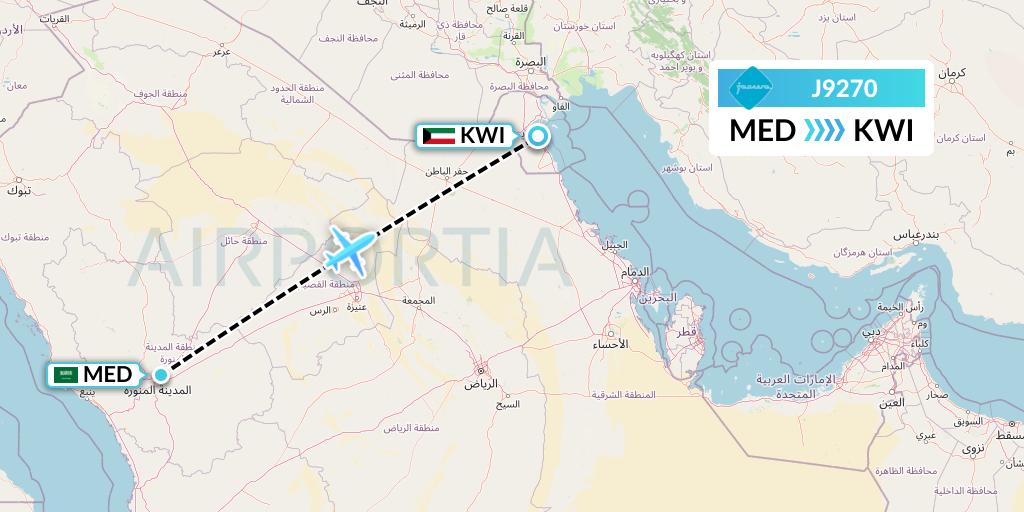 J9270 Jazeera Airways Flight Map: Medina to Kuwait City