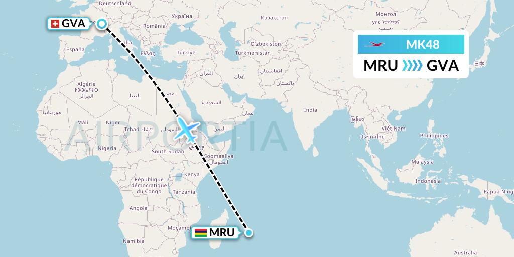MK48 Air Mauritius Flight Map: Port Louis to Geneva