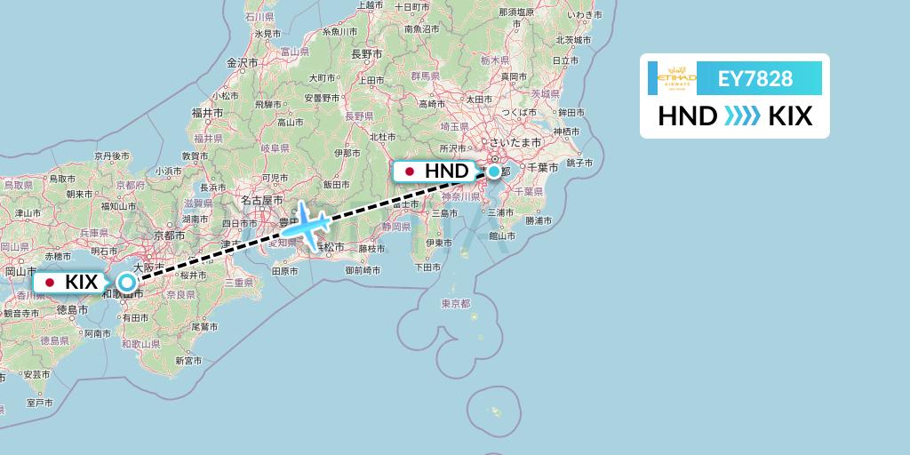 EY7828 Etihad Airways Flight Map: Tokyo to Osaka