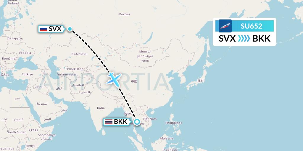 SU652 Aeroflot Flight Map: Yekaterinburg to Bangkok