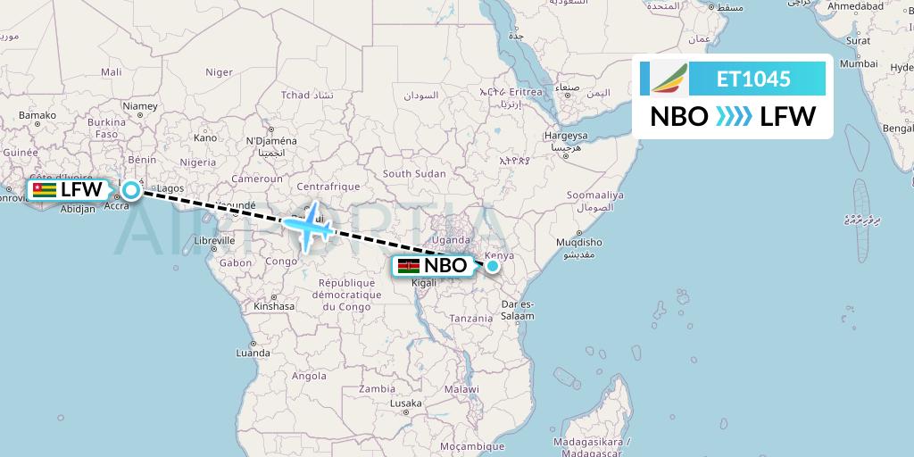 ET1045 Ethiopian Airlines Flight Map: Nairobi to Lome