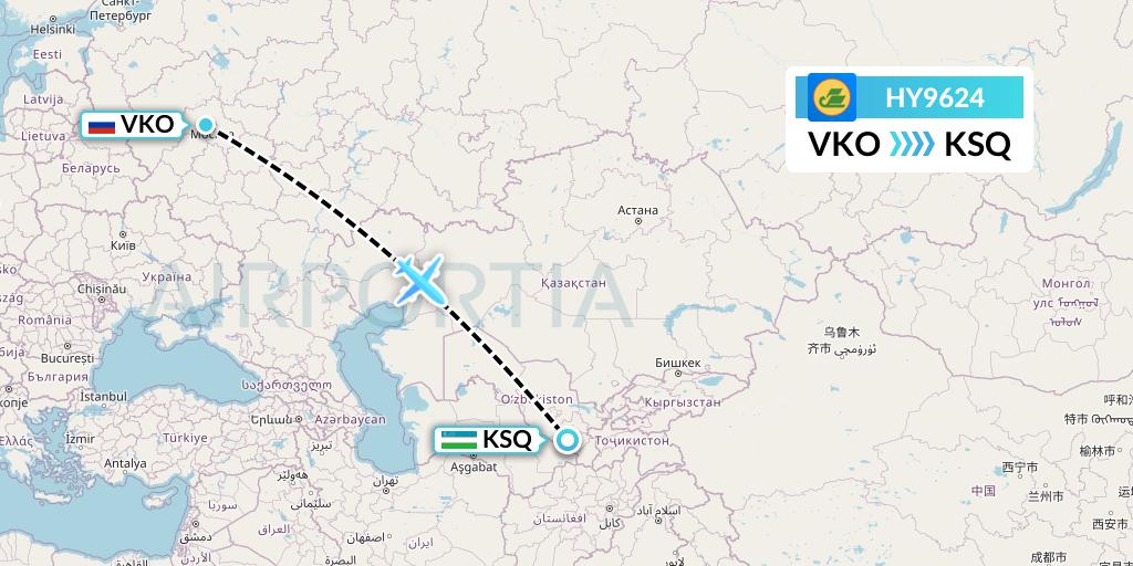 HY9624 Uzbekistan Airways Flight Map: Moscow to Karshi