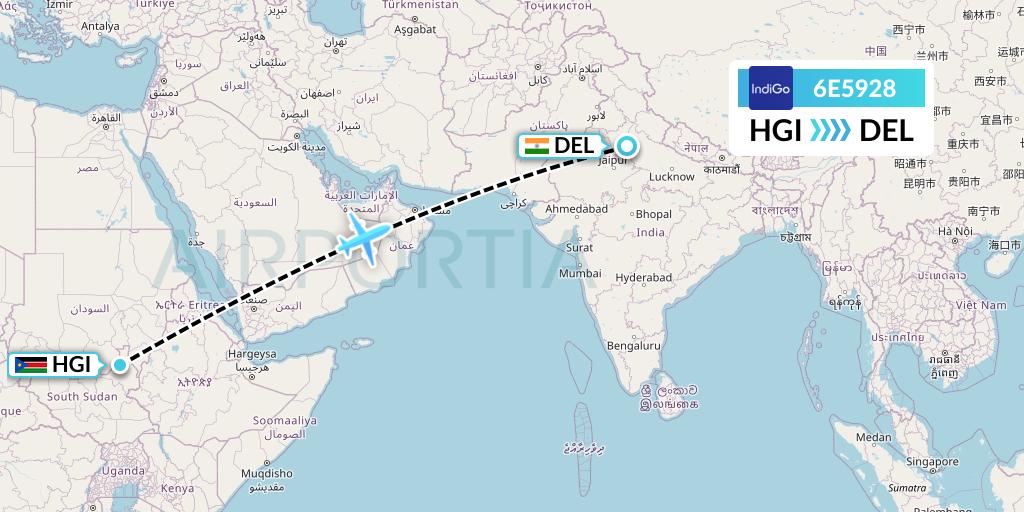 6E5928 IndiGo Airlines Flight Map: Higleig to Delhi