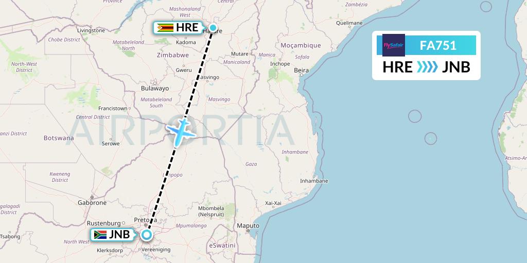 FA751 Safair Flight Map: Harare to Johannesburg