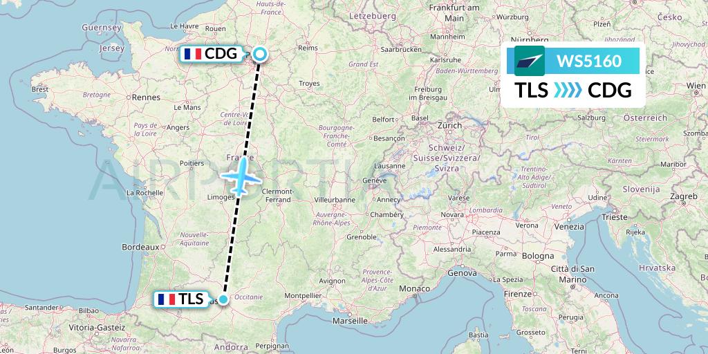 WS5160 WestJet Flight Map: Toulouse to Paris