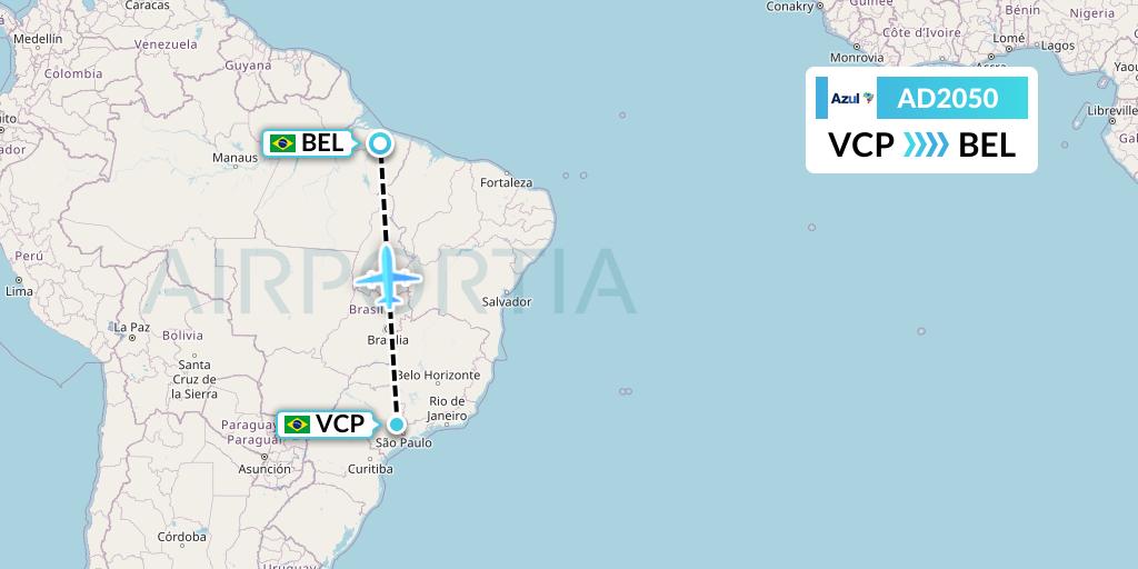 AD2050 Azul Brazilian Airlines Flight Map: Campinas to Belem