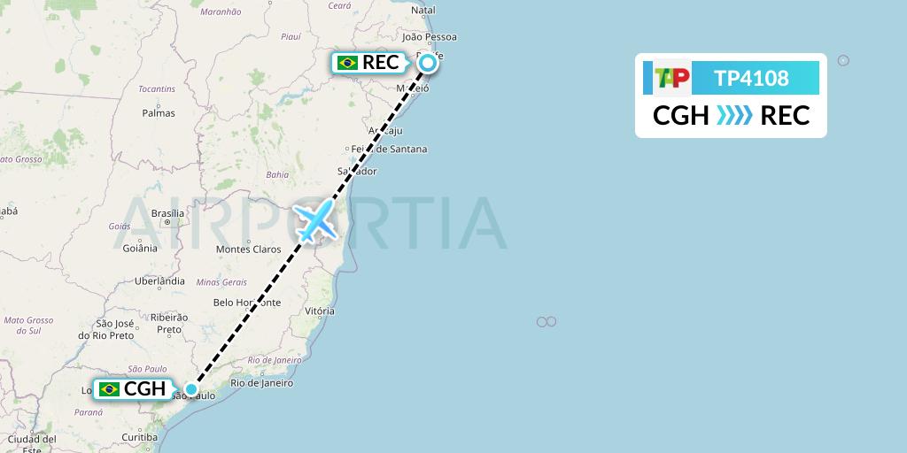 TP4108 TAP Portugal Flight Map: Sao Paulo to Recife
