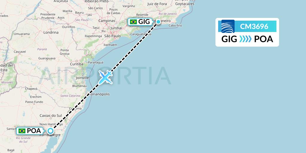 CM3696 Copa Airlines Flight Map: Rio de Janeiro to Porto Alegre